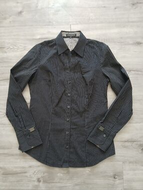Express Design Studio Black Pinstripe Tailored Fit Button Up Dress Shirt Blouse